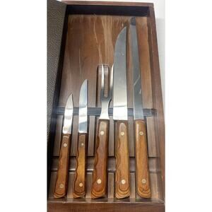 Vintage Carriage House Stainless Steel 5 Piece Knife Set W/ Wooden storage Case